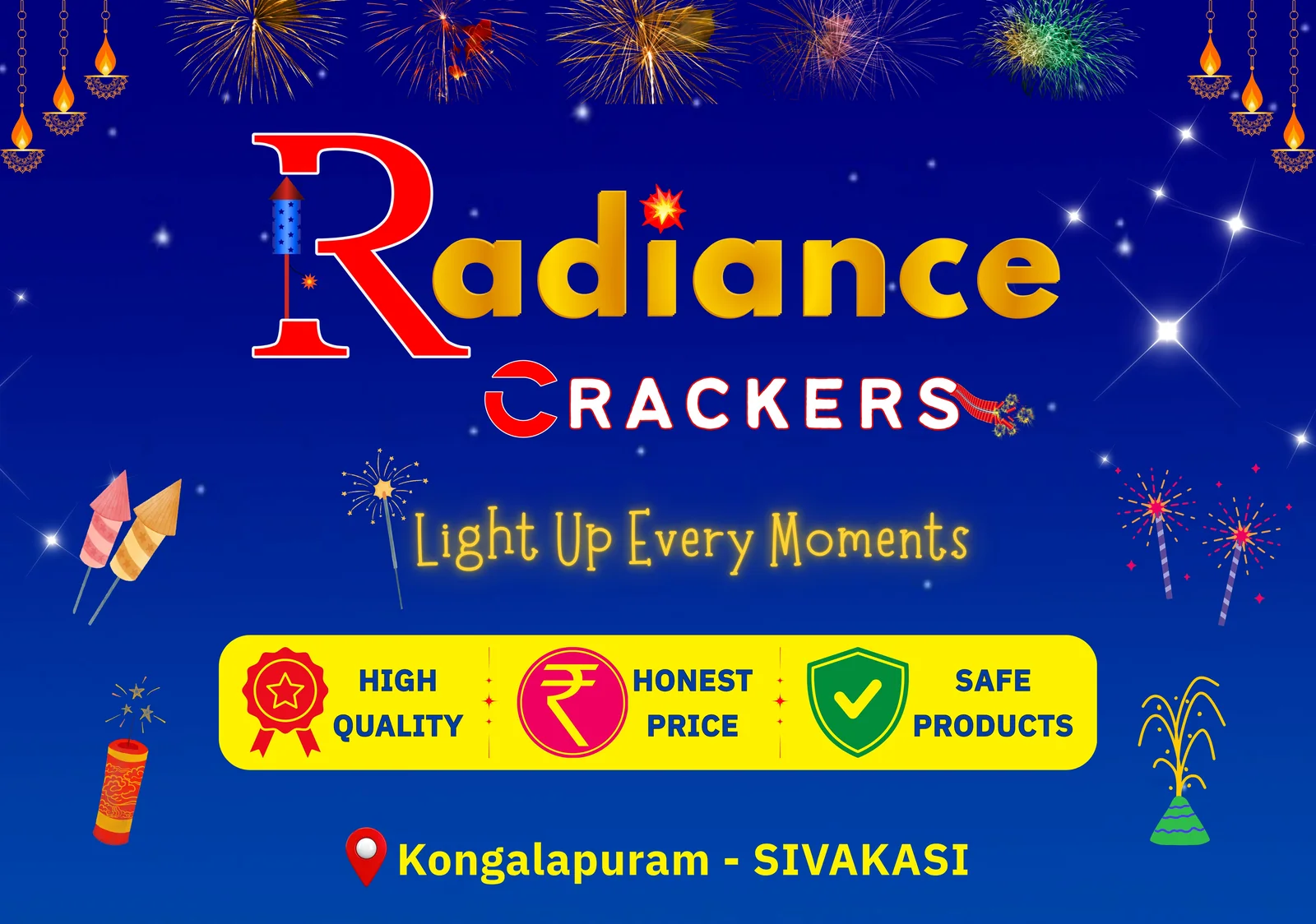 Radiance Crackers — light up every moment. High quality, honest price, safe products. Kongalapuram, Sivakasi.